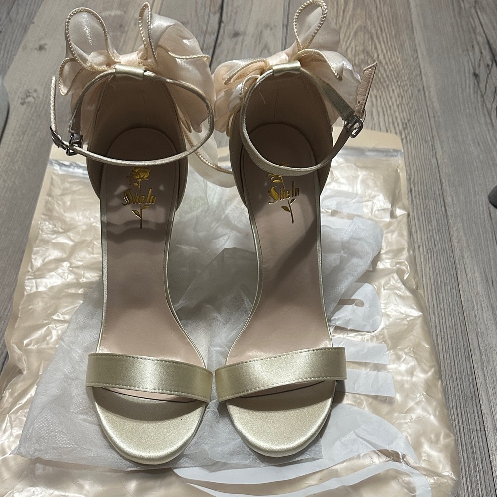 SHEIN Cream Satin Ankle Strap Heels